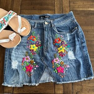 YMI Blue Denim Skirt with Colorful Floral Embroidery